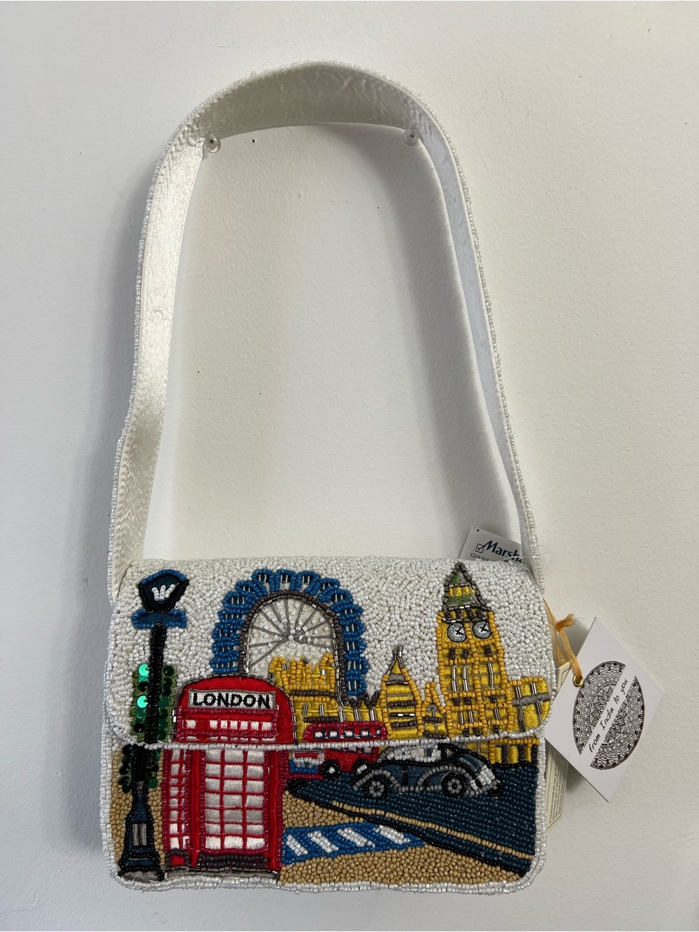 From India to You LONDON Beaded White Shoulder Bag Iconic Sights